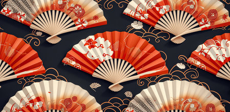 Japanese fans with traditional patterns on a dark background. The concept of culture and art.の素材