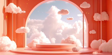 Abstract scene with clouds and arch against a sky backdrop. The concept of dreams and fantasy.の素材