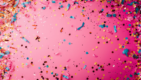 Pink background with confetti and paper ribbons. The concept of celebration and party.の素材