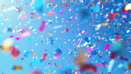 Blue background with flying confetti. The concept of joy and celebration.の素材