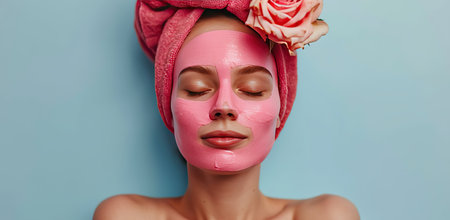 Woman with a pink face mask and a rose on her head. The concept of skincare and relaxation.の素材