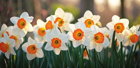 White daffodils with orange centers against a sunset backdrop. The concept of spring and the beauty of nature.の素材