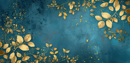 Golden leaves on blue background with splashes. The concept of luxury and nature.の素材