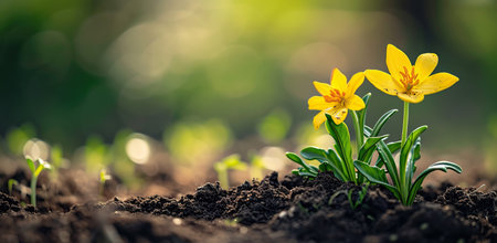 Yellow tulip flowers in soil against a backdrop of green plants. The concept of growth and spring.の素材