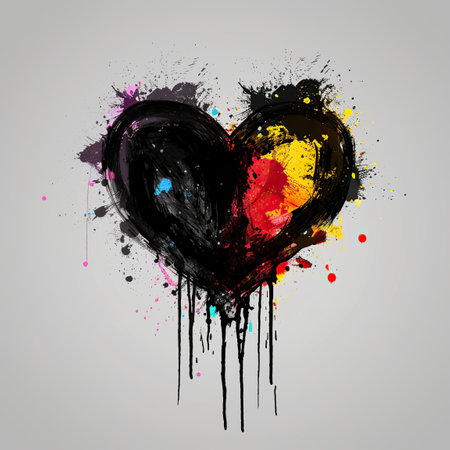 Black and white heart with colorful splashes. The concept of love and art.の素材