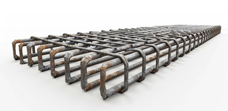 Old rebar assembled into a cubic lattice on a white background. The concept of construction and architecture.の素材