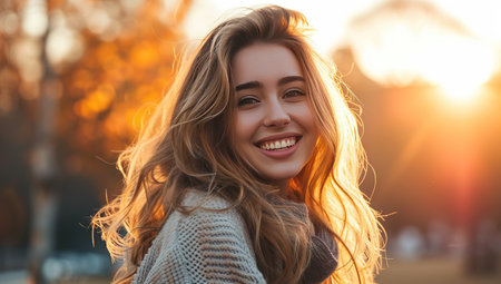 Young smiling woman on the street at sunset. The concept of youth and optimism.の素材