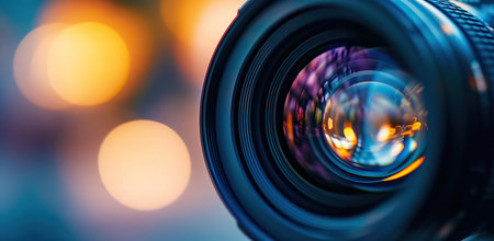Camera lens with a light bokeh background. The concept of photography and technology.の素材