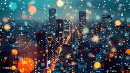 Night cityscape with neon lights and bokeh. The concept of urban life and technology.の素材