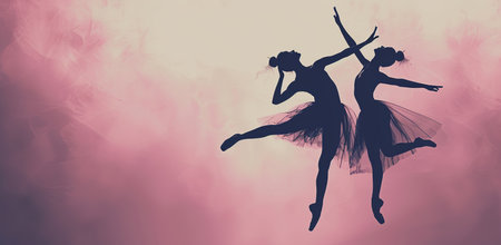 Silhouettes of two ballerinas on a pink background. The concept of dance and grace.の素材