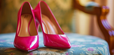 Pink patent heels on a bed with floral pattern. The concept of fashion and style.の素材