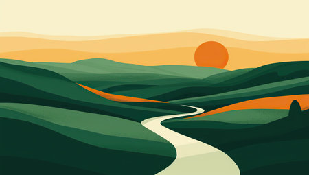 A landscape with a sunset and winding road. The concept of nature and travel.の素材
