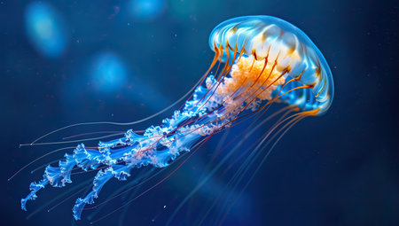Jellyfish with lighting in the ocean depths. The concept of marine life and bioluminescence.の素材