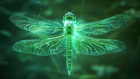 Glowing dragonfly in the air. The concept of nature and technology.の素材