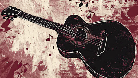 Acoustic guitar on a textured background with musical notes. The concept of music and retro style.の素材