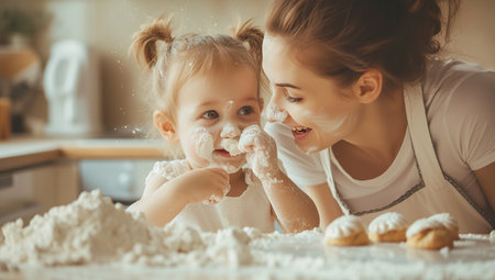 Young mother and child in the process of dough preparation. The concept of family traditions and learning.の素材