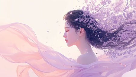 Girl with flowers in her hair and flowing fabric. The concept of beauty and nature.の素材