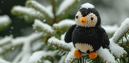 Knitted penguin toy on a snowy fir tree. The concept of winter and handicraft.の素材