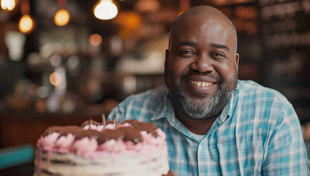 Black man with a celebration cake. The concept of joy and celebration.の素材