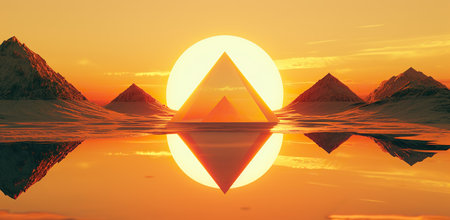 Sunset with geometric triangle and reflection in water. The concept of harmony in nature.の素材
