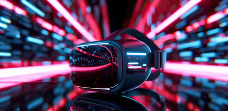 Virtual reality headset against a background of neon lights. The concept of VR and technology.の素材