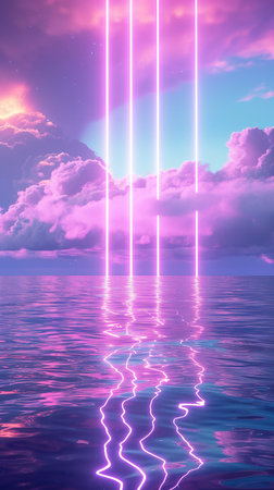 Pink sky with vertical light beams over the ocean. The concept of a fantasy landscape.の素材