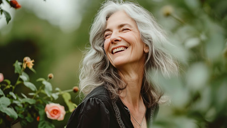 Smiling elderly woman in nature. The concept of positive aging and enjoying life.の素材