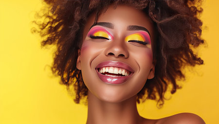 Happy young black woman with bright makeup. The concept of beauty and confidence.の素材
