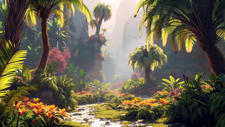 Tropical forest with bright flowers and rays of light. The concept of nature and exploration.の素材
