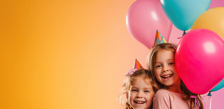 Two happy girls with balloons at a party. The concept of a children's birthday.の素材