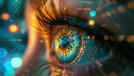 Close-up of a human eye reflecting digital data. The concept of technology and the future.の素材