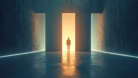 Silhouette of a person in a doorway against a bright light. The concept of new beginnings and opportunities.の素材