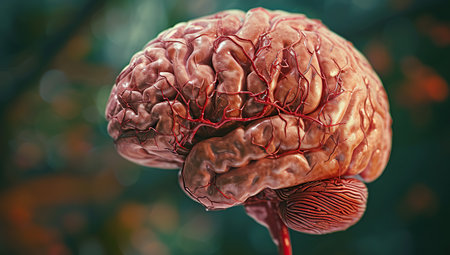 Detailed human brain model with red blood vessels on a blurred green background. The concept of biology and anatomy.の素材