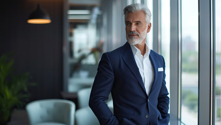 Elderly man in an elegant blue suit standing in a modern office. The concept of business and professionalism.の素材