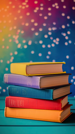 Stack of hardcover books in various colors against a bokeh background. The concept of education and knowledge.の素材