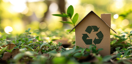 Cardboard house with a recycling symbol against a backdrop of green plants. The concept of ecology and sustainable development.の素材