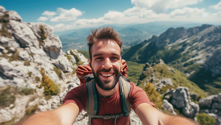Self-portrait of a happy tourist against a mountain backdrop. The concept of active leisure and travel.の素材