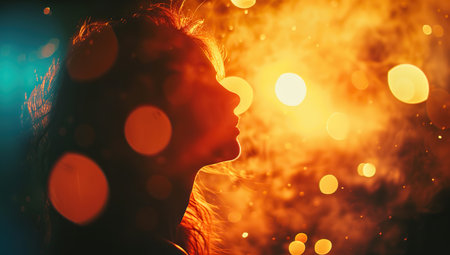 Profile of a woman with sparkles in the light of sunset. The concept of beauty and dreaming.の素材