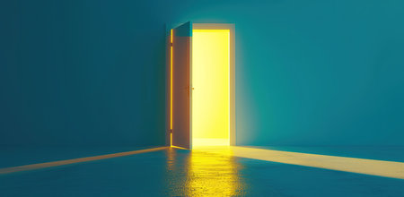 Open door to a bright room with yellow light creating a shadow on the floor. The concept of opportunities and the future.の素材