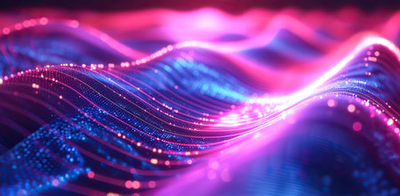 Glowing waves with particles in pink-blue tones. The concept of light and digital technology.の素材
