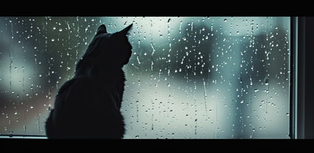 Silhouette of a cat looking out a window with raindrops. The concept of tranquility and contemplation.の素材