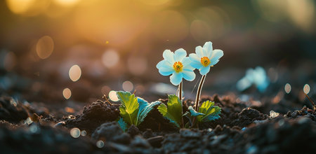Flowers breaking through the soil at sunset. The concept of growth and new beginnings.の素材