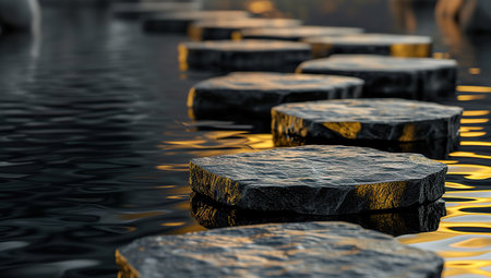 Stone steps across the water surface under golden light.の素材