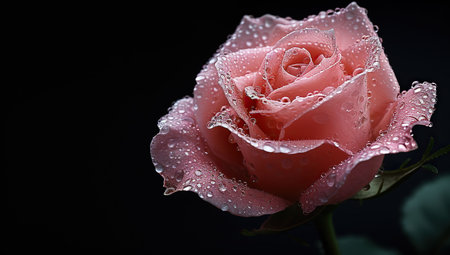 Pink rose with dewdrops on a dark background. The concept of natural beauty and tenderness.の素材