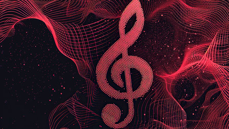 Musical clef in an abstract wave form on a dark background. The concept of musical harmony and art.の素材