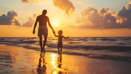 Father and child walking on the beach at sunset. The concept of family bonds and upbringing.の素材
