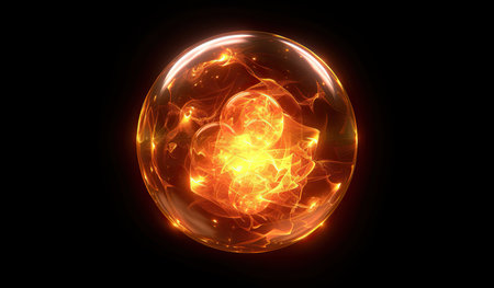 Bright fiery orb against a black background. The concept of energy and power.の素材