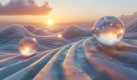 Glass spheres on a snowy landscape at sunrise. The concept of tranquility and new beginnings.の素材