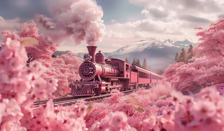 Pink steam locomotive against sakura and mountains. The concept of a romantic journeyの素材