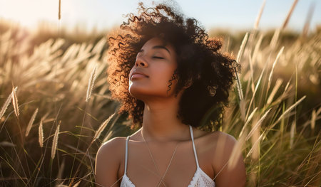 Young African-American woman with closed eyes standing among golden grass, basking in the warm glow of the sunset. The concept of tranquility and harmony with nature.の素材